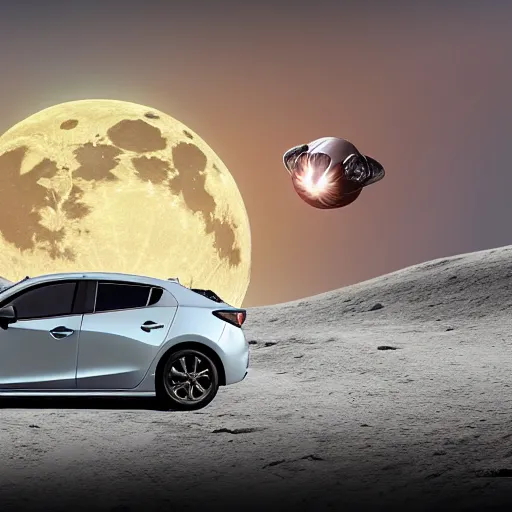 Image similar to A Mazda 3 hatchback as an alien spaceship flying over the Moon, 4K, High Detail,