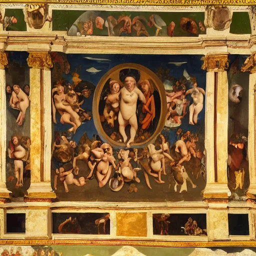 Prompt: A renaissance fresco showing a menagerie of happy apes and monkeys, oil painting, very detailed
