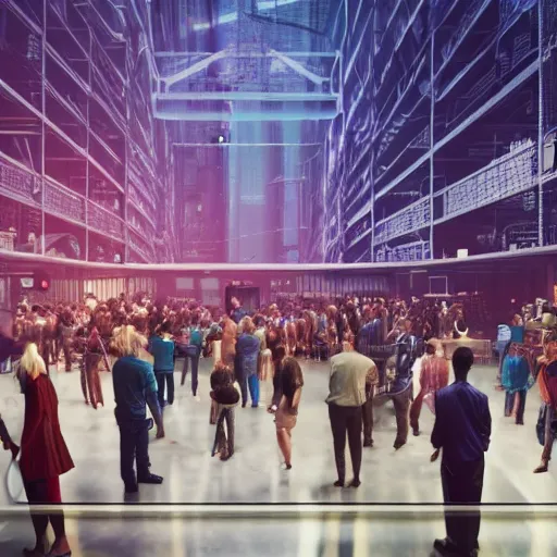 Image similar to large group people in a huge warehouse, looking at hologram of futuristic city on a table | cinematic concept art | godrays | 4 k | clear details | tabletop | tabletop | hologram foreground