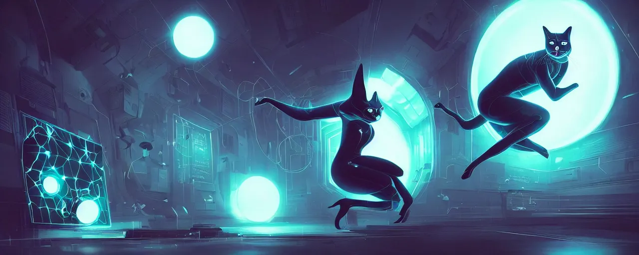 Image similar to duotone noir scifi concept illustration of black cat inside m box glowing 3 d mesh quantum portals particles mesh, glowing eyes, octane render, surreal atmosphere, volumentric lighting. accidental renaissance. by sachin teng and sergey kolesov and ruan jia and heng z. graffiti art, scifi, fantasy, hyper detailed. trending on artstation