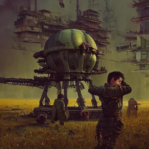 Image similar to Concept Digital Art Highly detailed Giant Watermelon war machine protecting Ukrainian village designed by Taras Shevchenko from intruders. By Stephen Hickman and Beeple. Very highly detailed 8K,Pentax 67, Kodak Portra 400 in style of Hiromasa Ogura Ghost in the Shell, the golden ratio, rational painting