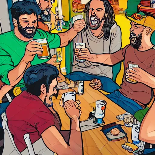 Prompt: a group of friends drinking beer, comic art, highly detailed, colorful