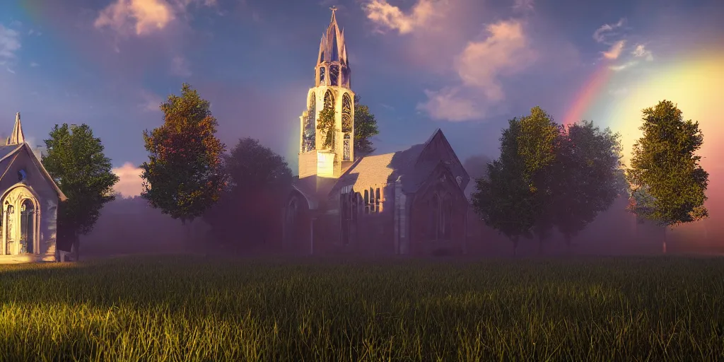 Image similar to iridescent chapel with a steeple in an old green courtyard meadow, gold and blue glow sparkles floating around in the air and sky, rainbows atmospheric, volumetric, photoreal, unreal engine, ray - tracing, film still, artstation, 8 k