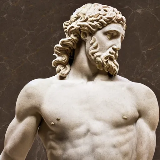 Image similar to greek or roman sculpture in marble of a philosopher holding a skull, in a museum background, hyperrealistic photograph in the style of bernini, golden hour