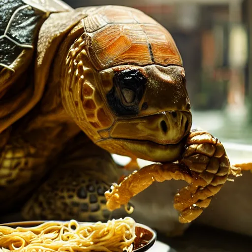 Prompt: an old tortoise eating noodles in a post apocliptic in cyberpunk world 8 k