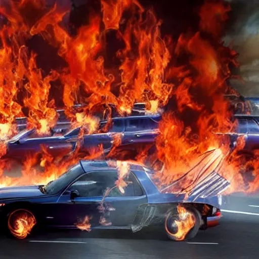 Image similar to photograph of donald trump on the highway firebending cars