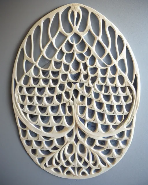 Prompt: wall craving filigree carved out of ivory about fishes fins scales