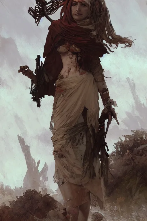 Image similar to a full body portrait of a beautiful post apocalyptic offworld musicians district bedouin blind pulp fiction scarlet wild rogue barbarian leper begging by the roadside, intricate, elegant, highly detailed, digital painting, artstation, concept art, smooth, sharp focus, illustration, art by krenz cushart and artem demura and alphonse mucha