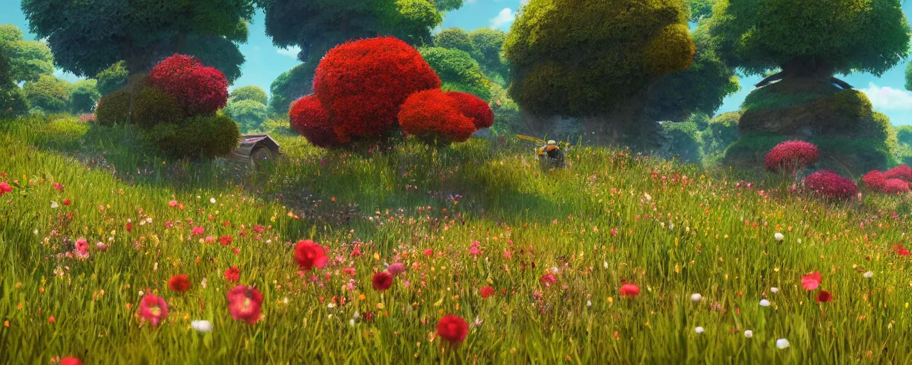 Image similar to a beautiful meadow landscape with large detailed bees flying between flowers, crimson - black beehive, happy trees, photorealistic, octane render, rtx, hdr, unreal engine, digital art widescreen 8 k in the style of studio ghibli and bob ross