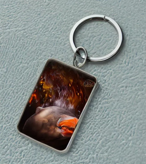 Prompt: realistic keychain of a bear eating a salmon under the northern lights