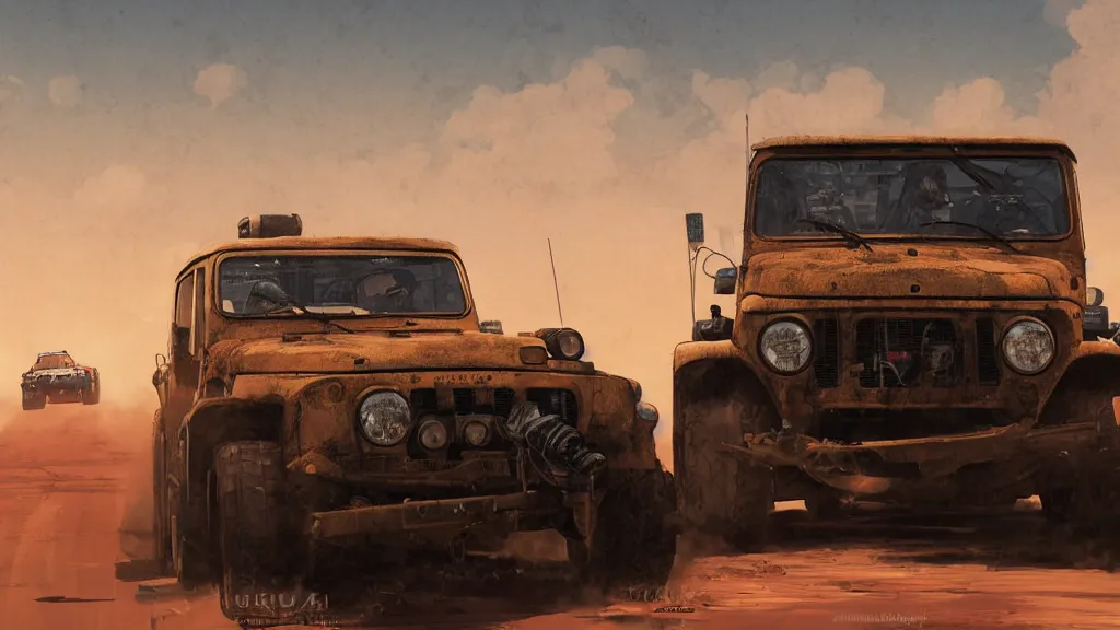 Image similar to digital illustration of mad max's fj 4 0 pursuit special, the last v 8 interceptor driving down a deserted cyberpunk highway in the middle of the day by studio ghibli, anime style year 2 0 9 3, by makoto shinkai, ilya kuvshinov, lois van baarle, rossdraws, basquiat