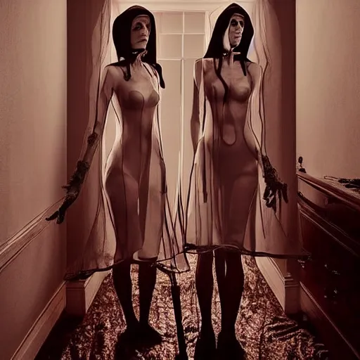 Image similar to award winning photo Floating twins, buxom nuns, wearing translucent habits, see through dress, Very long arms, in a bedroom, eerie, frightening, highly detailed, photorealistic —width 1024 —height 1024