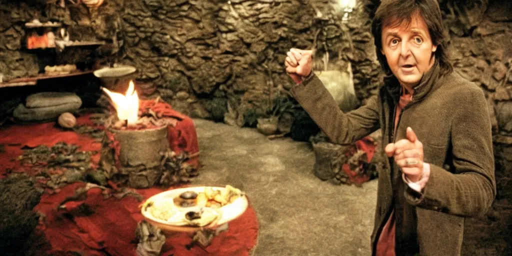 Image similar to A full color still of Paul McCartney looking at his palm, dressed as a hobbit inside his house at night with firelight, directed by Stanley Kubrick, 35mm, 1970