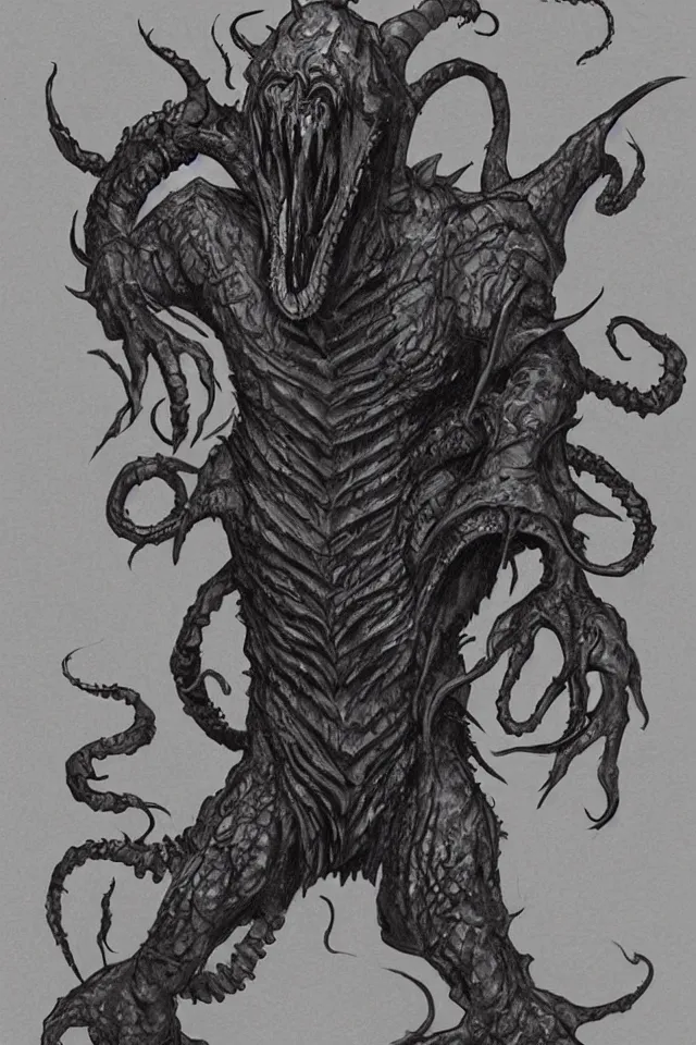 Image similar to concept art of a scary cthulhu monster with sharp sabre teeth in a dark tight lovecraft corridor