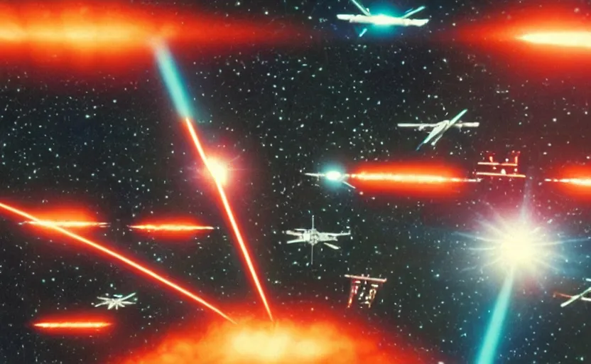 Prompt: iconic cinematic screen shot of fleet of x wing star fighters from the 1 9 8 0 s star wars sci fi film by stanley kubrick, optical glowing lasers, volumetric light, full of detail, 4 k uhd, kodak film stock, anamorphic lenses 2 4 mm, lens flare, iconic cinematography, award winning