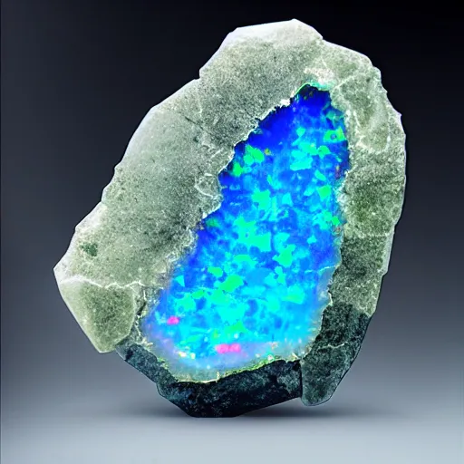 Image similar to a giant gemstone mineral with dark background. Opal gemstone, professional digital matte painting.