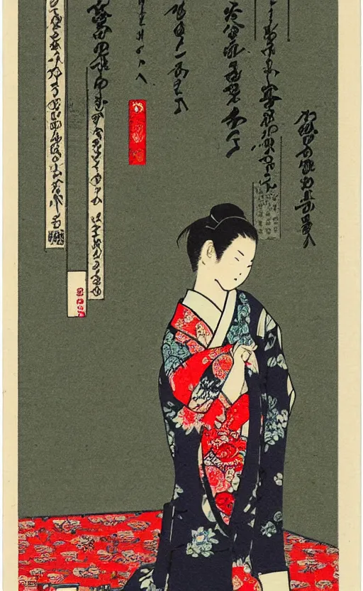 Prompt: by akio watanabe, manga art, girl next to goose bird in japanese temple, night, trading card front, kimono, realistic anatomy