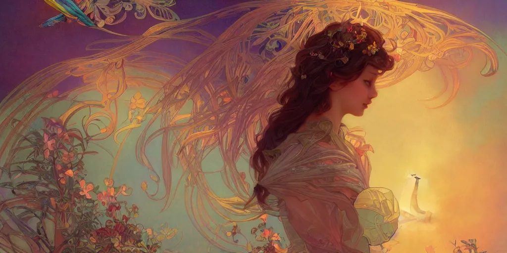 Image similar to baby bird catches the worm, sunrise, rainbow, fantasy, intricate, very very beautiful, elegant, highly detailed, digital painting, artstation, concept art, smooth, sharp focus, illustration, art by alphonse mucha