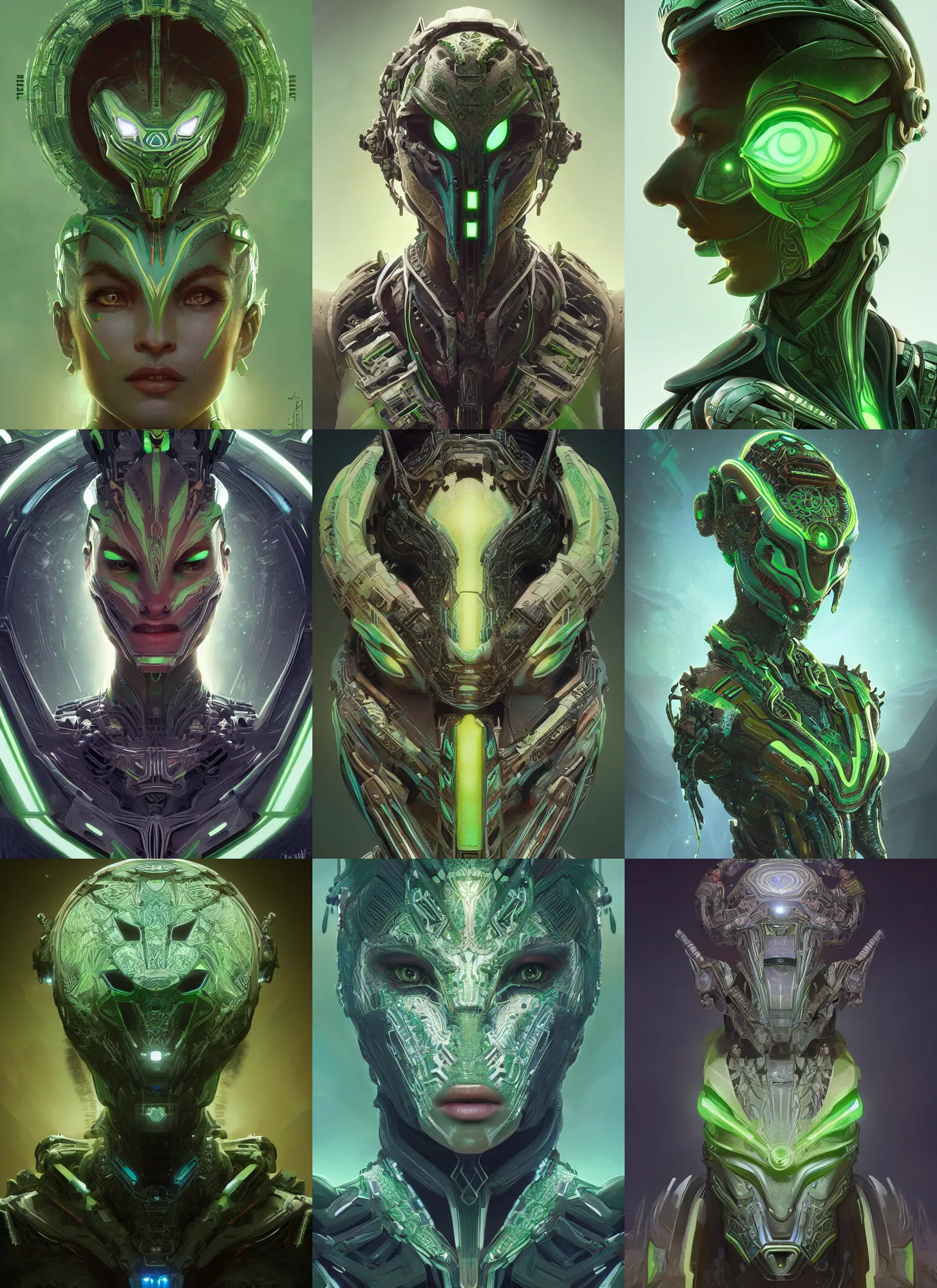 Prompt: symmetry!! portrait of green alien in the style of horizon zero dawn, machine face, intricate, elegant, highly detailed, digital painting, artstation, concept art, smooth, sharp focus, illustration, art by artgerm and greg rutkowski and alphonse mucha, 8 k