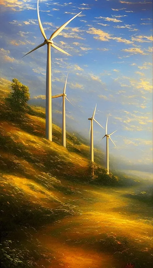 Image similar to beautiful wind turbines, art by thomas kincade