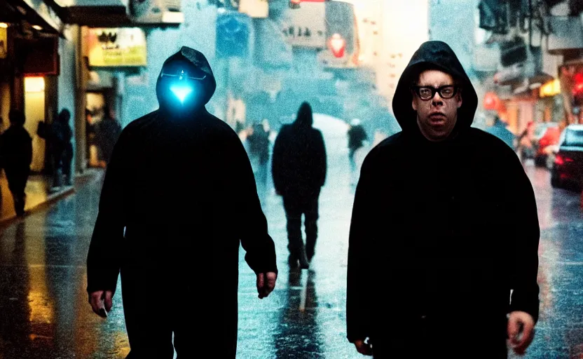 Image similar to cinestill 5 0 d candid photographic portrait by david cronenberg of todd solondz walking the streets of tel aviv, modern cyberpunk moody emotional cinematic, closeup, pouring rain menacing lights shadows, 8 k, hd, high resolution, 3 5 mm, f / 3 2, ultra realistic faces, ex machina