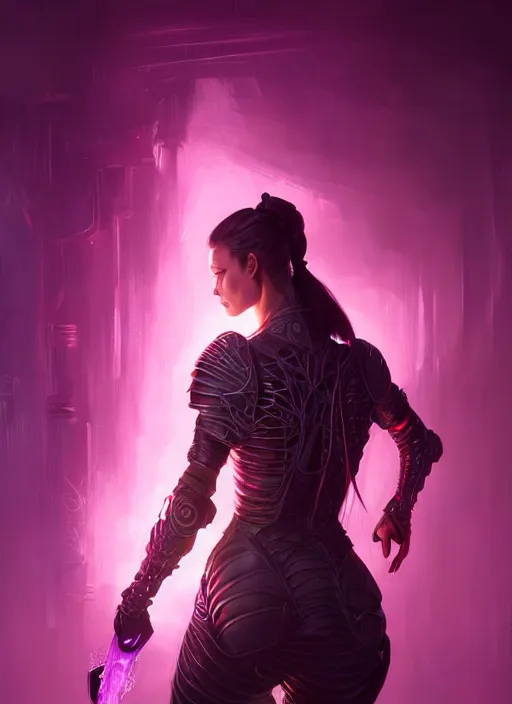 Image similar to portrait, back shot, looking away from viewer, woman with long black ponytail, wearing sci - fi leather armor, glowing purple katana, intricate, elegant, glowing lights, highly detailed, digital painting, artstation, concept art, smooth, sharp focus, illustration, art by wlop, mars ravelo and greg rutkowski