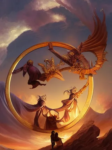 Prompt: angels and devils surrounding the golden wheel of forrtune. sky and clounds in the background. intricate, elegant, highly detailed, digital painting, artstation, concept art, sharp focus, illustration, by justin gerard and artgerm, 8 k