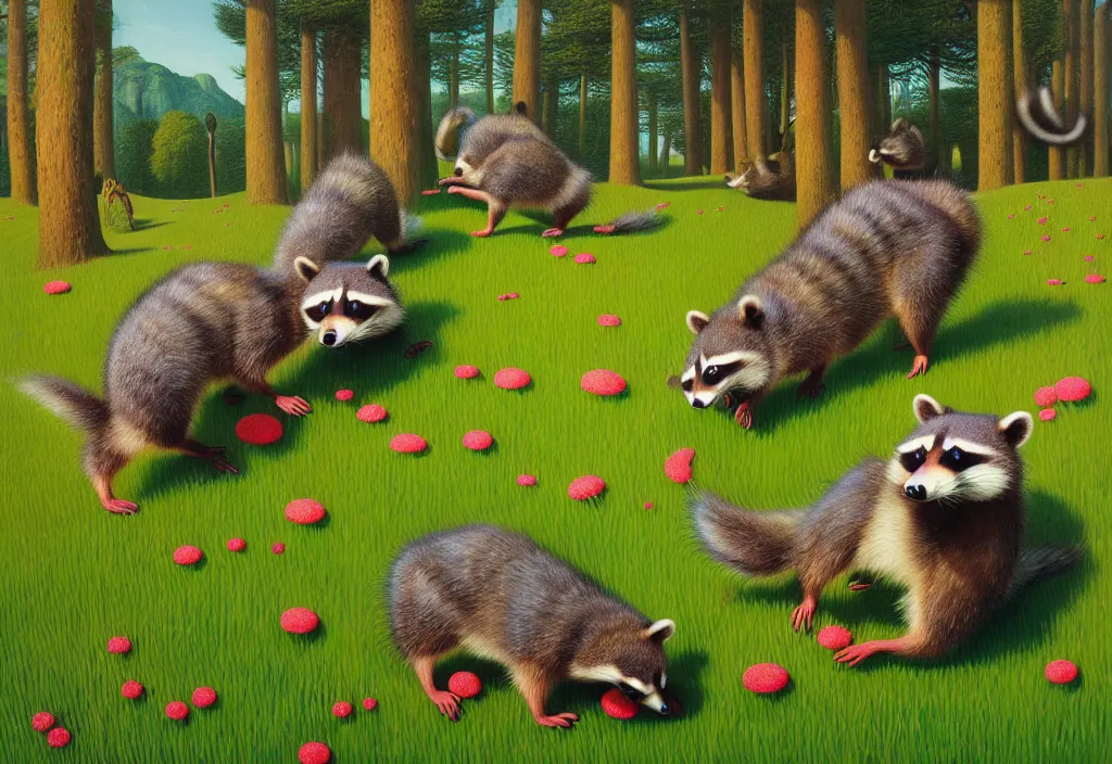 Image similar to hyper detailed 3d render like a Oil painting - playful raccoons frolic in a peaceful lush meadow, by Jacek Yerka, Mariusz Lewandowski, Houdini algorithmic generative render, Abstract brush strokes, Masterpiece, Edward Hopper and James Gilleard, Zdzislaw Beksinski, Mark Ryden, Wolfgang Lettl, hints of Yayoi Kasuma, octane render, 8k