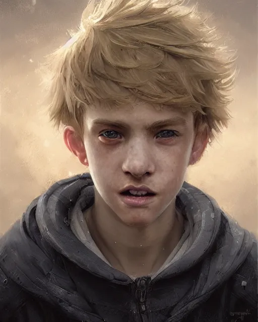 Image similar to portrait of 1 5 - year - old boy with blonde hair, round - face, and slightly buck - toothed, hyper realistic face, beautiful eyes, fantasy art, in the style of greg rutkowski, intricate, hyper detailed, smooth