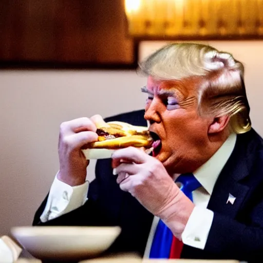 Image similar to donald trump stting at a restaurant table eating a cheeseburger with his mouth wide open, paparazzi photo