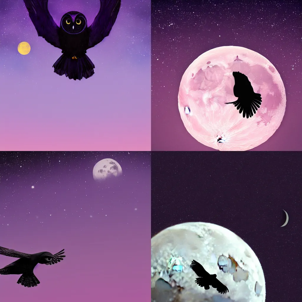 Image similar to A sillouhete of a black owl flying in front of the moon, dark purple sky with stars in background, HD, trending on Artstation