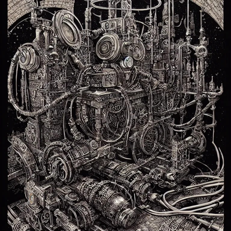 Image similar to ancient alchemist steampunk wizards laboratory, high details, intricately detailed, by vincent di fate, inking, 3 color screen print, masterpiece, trending on artstation, etching, sharp, details, hyper - detailed, hd, 4 k, 8 k