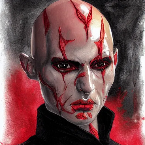 Image similar to d & d painting portrait necromancer man with bald head, red eyes, pallid skin, long flowing black and red robes. in style of randy vargas