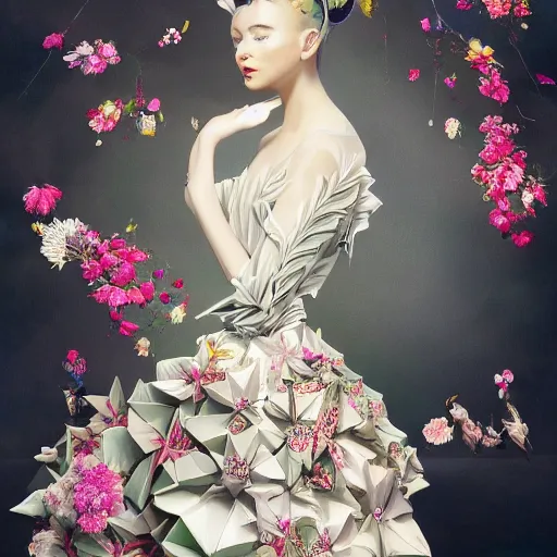 Image similar to 3 / 4 view of a beautiful girl wearing an origami dress, eye - level medium shot, fine floral ornaments in cloth and hair, hummingbirds, elegant, by eiko ishioka, givenchy, carl - gustav carus, by peter mohrbacher, centered, fresh colors, origami, fashion, detailed illustration, vogue, japanese, reallusion character creator