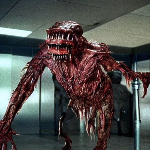 Prompt: 1 9 8 0 s sci - fi movie, still frame, skinned monster demon in hi - tech corridor, photorealistic