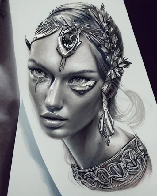 Prompt: realism tattoo sketch of candice swanepoel as a beautiful greek goddess aphrodite with piercing eyes wearing a laurel wreath and triangle earrings, in the style of greg rutkowski, amazing detail