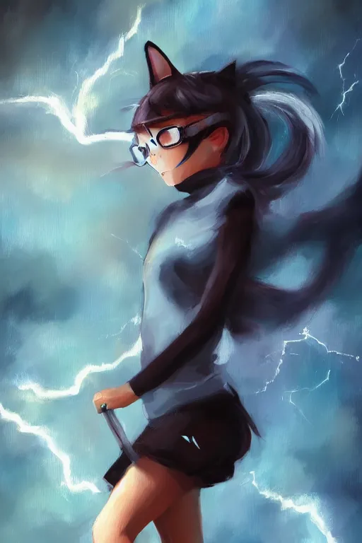 Image similar to Girl with cat ears skateboarding, expressive oil painting, matte art, digital art, trending on artstation, anime style, beautiful lightning, atmospheric