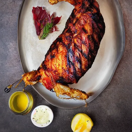 Image similar to food photography award winning rotisserie grilled mermaid on a platter