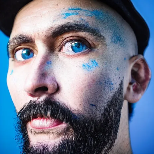 Image similar to fish eye lens close up photograph of a man with blue skin and a goatee side eyeing the camera with a sympathetic look