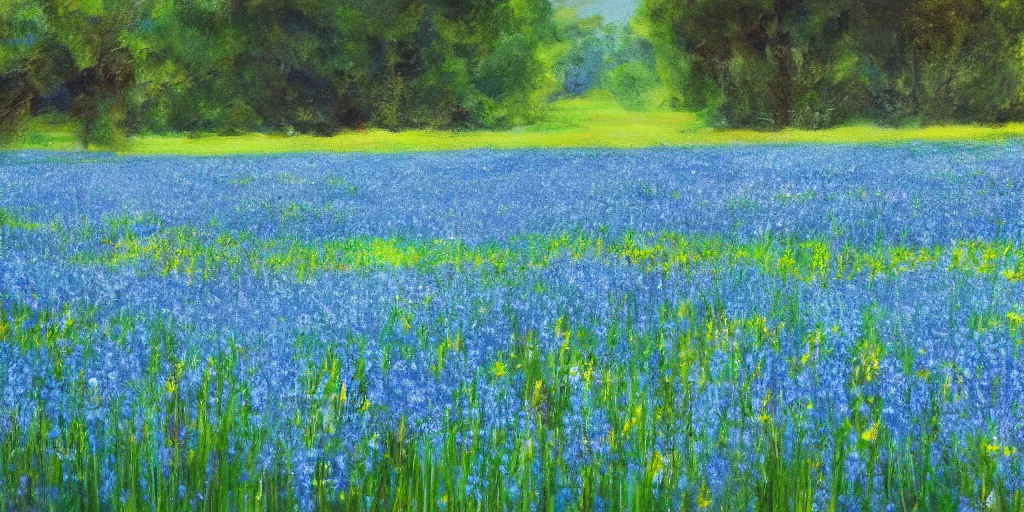 Image similar to field of light blue flowers on a summers day, matte painting