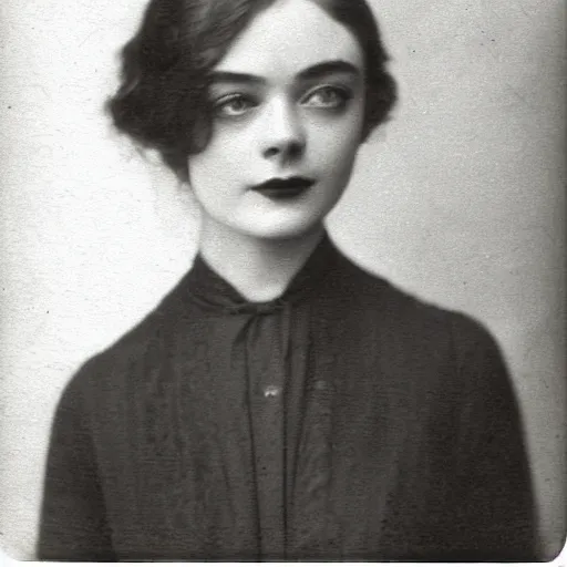 Image similar to Headshot edwardian photograph of Elle Fanning, 1910s, 1900s, 1920s, grainy, victorian, detailed, slightly blurry