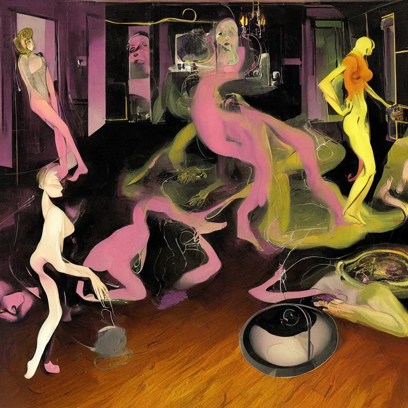 Image similar to Man and woman start to bounce in a living room of a house, floating dark energy surrounds the middle of the room. There is one living room plant to the side of the room, surrounded by a background of dark cyber mystic alchemical transmutation heavenless realm, cover artwork by francis bacon and Jenny seville, midnight hour, part by adrian ghenie, part by jeffrey smith, part by josan gonzales, part by norman rockwell, part by phil hale, part by kim dorland, artstation, highly detailed