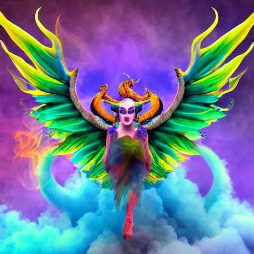 Image similar to multi color smoke with the small ( outstretched ribbed wings and head of a fairytale dragon ), billowy, 8 k, 4 k