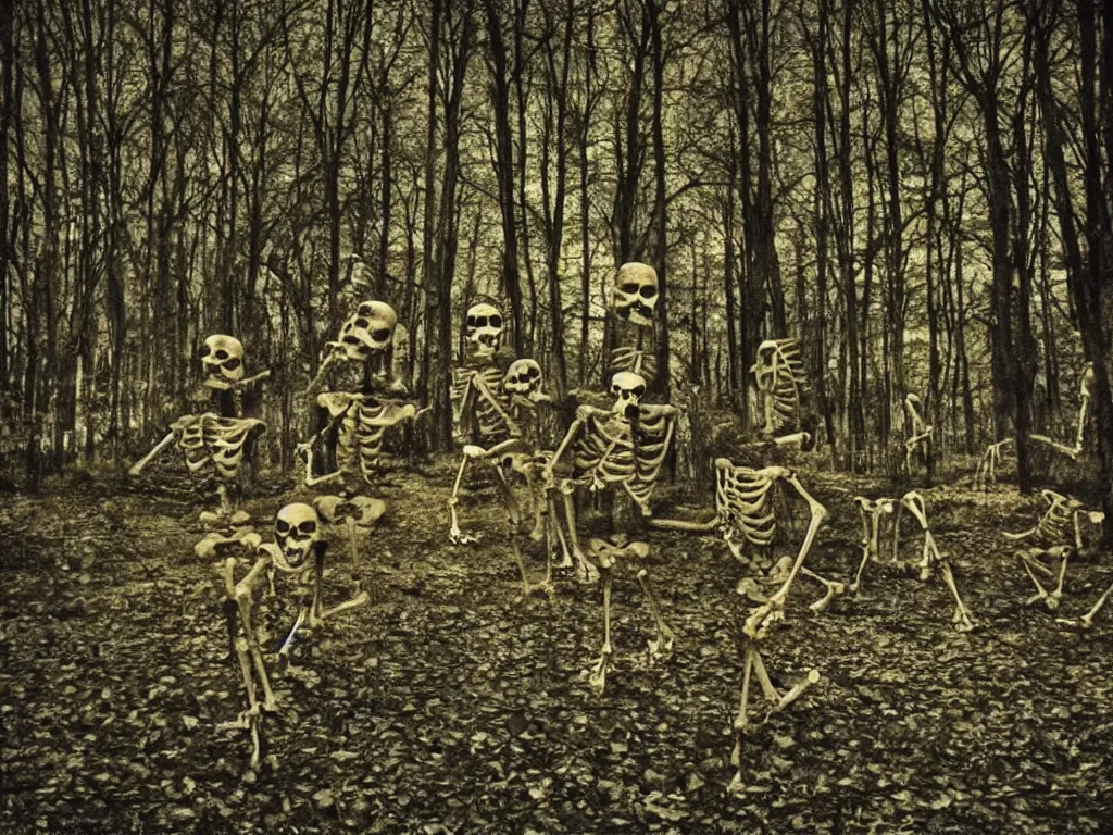 Prompt: crt filter, tilted amateur home video of skeletons running through a dimly lit dark forest at night, photorealistic amateur photography low camera angle