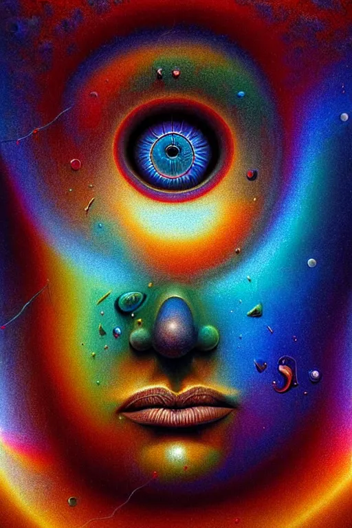 Image similar to hyperrealistic abstract close-up Renaissance psychedelic!! celestial happy! pure creature!! peaceful! kind spirit of nature! beautiful fractal!! eyes! highly detailed concept art eric zener elson peter cinematic hard rainbow lighting high angle hd 8k sharp shallow depth of field endless space, inspired by Zdzisław Beksiński Salvador Dali