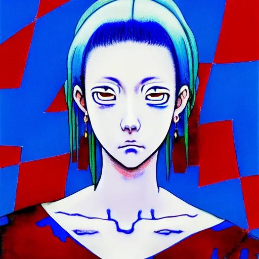 Image similar to blue and white color palette, yoshitaka amano blurred and dreamy realistic three quarter angle horror portrait of a sinister young woman with short hair, big earrings and red eyes wearing office suit with tie, junji ito abstract patterns in the background, satoshi kon anime, noisy film grain effect, highly detailed, renaissance oil painting, weird portrait angle, blurred lost edges