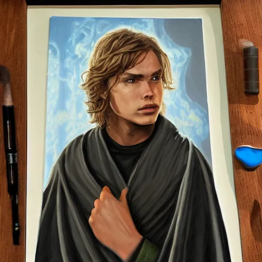 Image similar to anakin at the steps of the jedi temple, oil paint, art station, highly detailed, nighttime