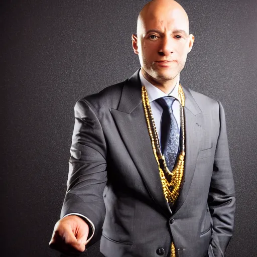 Image similar to portrait of Anubis wearing an elegant suit with a shiny gold necklace, looking at the camera, black background, studio light