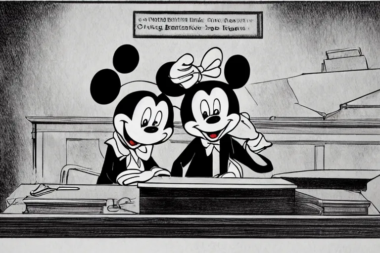 Image similar to courtroom sketch of vintage disney character mickey mouse presenting evidence of copyright infringement to the judge bench court room wooden serious dark tone