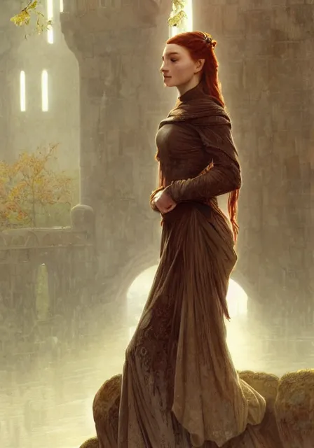 Prompt: portrait of sansa stark in foggy ruins of castle, autumn, intricate, elegant, highly detailed, digital painting, artstation, concept art, smooth, sharp focus, illustration, art by artgerm and greg rutkowski and alphonse mucha and william - adolphe bouguereau